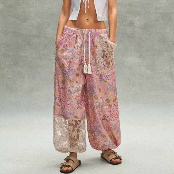 Pants - Boho lace pants Women’s Pink Floral Boho Wide-Leg jogger style Pants